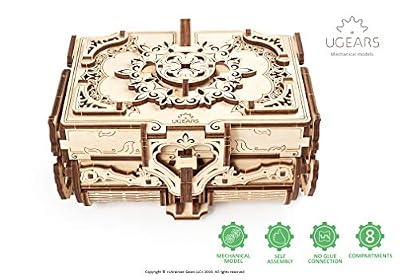 UGEARS Puzzle 3D Mécanique en Bois - Boîte Antique à Bijoux en Bois - Casse Tete Puzzle en Bois 3D - Jeu de Construction - Coffre en Bois Ancien - Kits en Bois 3D Adulte - Cadeau Anniversaire de Noël