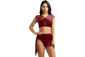 IEFIEL Robe de Danse Lyrique Ballet Femme Justaucorps Gymnastique Danse Classique Ensemble Haut et Jupe Patinage Robe Danse Contemporain 2 Pièces