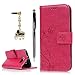 Produktbild S6 Fall, Samsung Galaxy S6 Fall (Non-Edge) - badalink Fashion Wallet Premium PU Leder mit geprägtem Blumen Flip Cover mit Handschlaufe & 3D Cute Elefant Staub Plug & Stylus Pen, Hot Pink