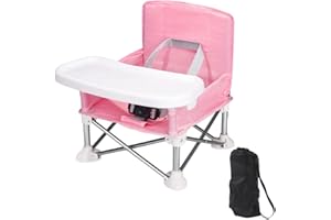 UOTO Foldable Baby Seat Booster Travel Toddlers Dining Seat Removable Tray with Travel Bag Portable Folding Booster Feeding Chair for Children Toddlers Infants (Pink)