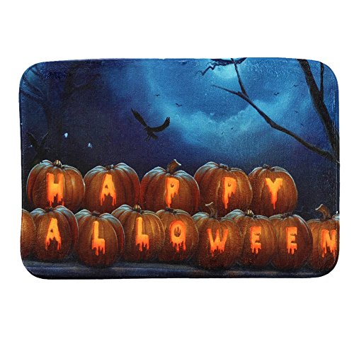 iHome Fußmatte Halloween, Korallen Samt, 40cm x 60cm, Zwei Reihen Kürbisse mit Happy Halloween (Schwarz Blau)