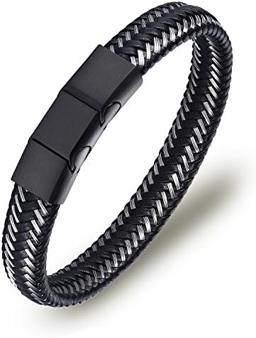 BANDPLUS Men’s Genuine Leather Bracelet Wristband, 8.0"- 8.5" Adjustable Length Steel Wire Braided Rope Bracelet Cuff Bangle for Men with Two Black Titanium Steel Magnetic Clasp