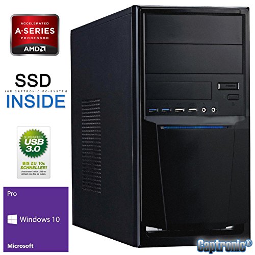 Captronic® (A4-6300-8GB-HD8370D-128GB SSD-Win10Pro) Windows 10 Professional 64bit | DualCore Silent PC Front USB 3.0 AMD A4-6300 2x 3,70GHz (Turbo bis 3900MHz) | KINGSTON 8GB DDR3-1600 | 24x DVD-Brenner | 128GB SSD SATA3 | ATI Radeon HD 8370 2GB HDMI/DVI/VGA | CardReader | 7.1 Sound | GigabitLAN | Design Gehäuse Schwarz