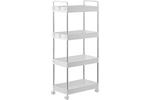 DPWEION 4-Tier Storage Trolley Slide Out Rolling Utility Shelf Rack Storage Cart on Wheels Mobile Shelving Space Organizer for Kitchen/Bathroom/Laundry Room/Office,Plastic & Stainless Steel (White L)