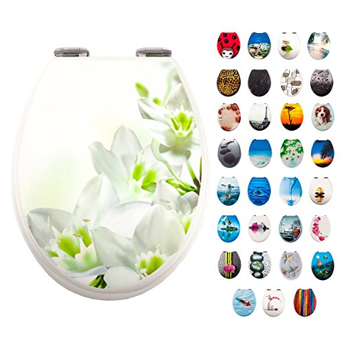 Smartfox WC-Sitz Toilettendeckel mit Absenkautomatik im Motiv weiße Lilien, massiver Holzkern, verchromte Schaniere