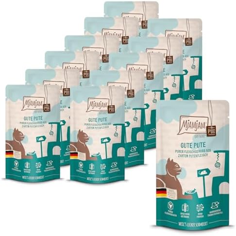 MjAMjAM - cibo umido premium per gatti - Quetschie - puro piacere della carne - buon tacchino puro, confezione da 12 (12 x 125 g), senza cereali con carne extra