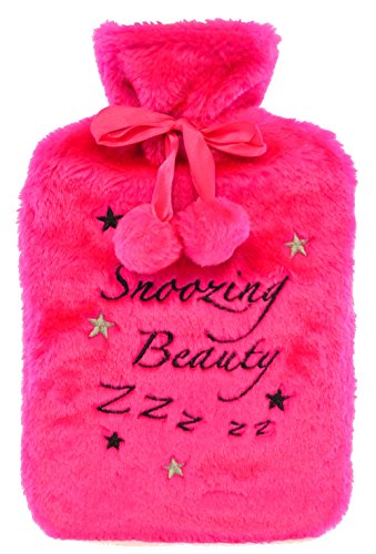 2 Litre Hot Water Bottle with Furry Cover ~ Sleeping Princess, Love To Sleep etc (Pink Snoozing Beauty)