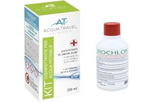mave Acquatravel BIOCHLOR disinfettante Antibatterico concentrato per acque Chiare, per disinfezione Serbatoi Acqua Camper e Barche, superfici e Alimenti 250ml.