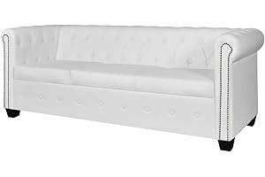 Homgoday Sofás de salón,Sofá de Sala de Estar con Estructura de Madera de Cuero Blanco con Botones y diseño de Tachuelas Redondas Sofá de Cuero sintético con Brazos curvos