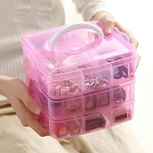 HERLIKE Jewellery Organisers Plastic 3 Layer 18 Grid Square Portable Transparent Storage Detachable Box Organizer Case for Jewelry Sewing Button Earrings Hair (Pink)