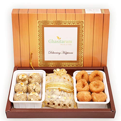 Ghasitaram Gifts Lohri Gifts Lohri Sweets - Til Laddoo (Bhuga), Revadi and Khajoor Hamper