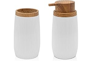 Inbagno Set 2 Pezzi Dispenser Sapone e Porta spazzolino, in plastica Bianco, con Dettagli Effetto Legno, Serie Blob