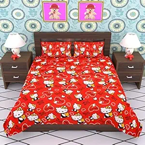 Cotton Villas 3D Kitty Printed Bedsheet for Double Bed with 2 Pillow Cover Microfiber and Cotton Mix Color White (88 X 88 inch )