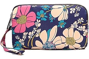 CAPRILITE Fun PVC Canvas Wallet Purse Pouch Triple Zip w/Wrist Strap Wristlet Clutch Bag Xmas Bday Gift (Pink Blue Floral)