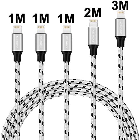 Lightning Cable, JOOMFEEN iPhone Charger 5Pack 3FT 3FT 3FT 6FT 10FT Extra Long Nylon Braided Cord to USB Charging for iPhone 7/7 Plus/6/6 Plus/6S/6S Plus,SE/5S/5,iPad,iPod Nano 7 (Black&amp;Silver)