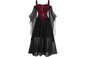 Frobukio Women Halloween Costumes Dress Long Sleeve Boat Neck Skinny Long Dress Off Shoulder Lace Up Gothic Dresses Plus Size Witch Dress for Party Cosplay Cocktail