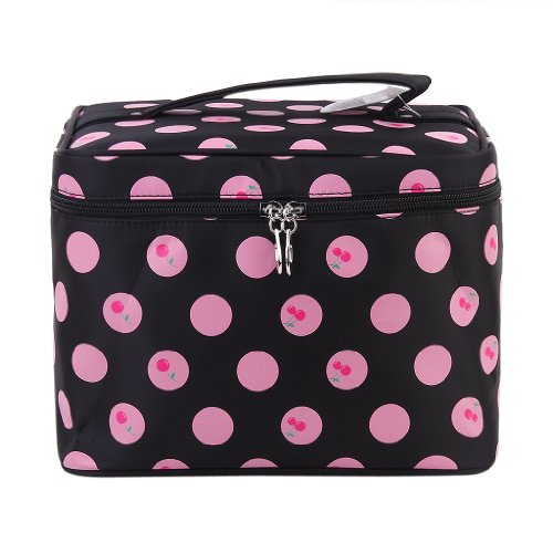 Cherry-Pattern Big Travel Wash Organizer Case Toiletry/Cosmetic/Makeup Zipper Bag (Black)