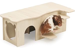 Episkey Wooden Hamster House, Guinea Pig House Corner House Hideout Cage Decor Accessories for Golden Hamster Syrian Hamster Dwarf Hamster Degus (with Stairs, 34 * 18 * 13cm)