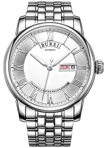 BUREI Herren Automatikuhr Zifferblatt wei Tages und Datumsanzeige Edelstahlband BUREI Herren Automatikuhr Zifferblatt wei Tages und Datumsanzeige Edelstahlband