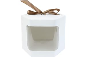 Emartbuy Sacchetti regalo esagonali in carta resistente, 13 cm x 13 cm x 14 cm, in carta kraft bianca, per cupcake, biscotti, muffin, tortine, con finestra trasparente e nastro, confezione da 24