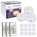 【Bequeme Fernbedienung】Diese RGB LED Unterwasserbeleuchtung werden mit 3 x AAA-Batterien (nicht im Lieferumfang enthalten), 16 verschiedenen statischen Modi und 4 dynamischen Farbwechselmodi betrieben. Die IR Fernbedienung kann auch die Helligkeit anpassen oder ein- und ausschalten.
