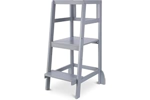 Tour d'observation Montessori, Tour d'apprentissage Enfants, Learning Tower Chaise Haute en Bois avec Rail de Sécurité, Réglable en Hauteur, comme Assistant de Cuisine, Tour d observation Enfant, Gris