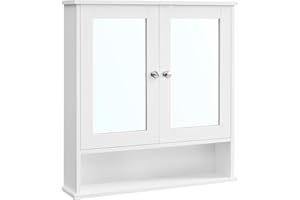 VASAGLE Armario con Espejo, Armario de Baño, Armario de Pared, Mueble Alto con 2 Puertas de Espejo y Compartimento Abierto, Balda Regulable, a Pared, 13 x 56,5 x 58,5 cm, Blanco LHC002