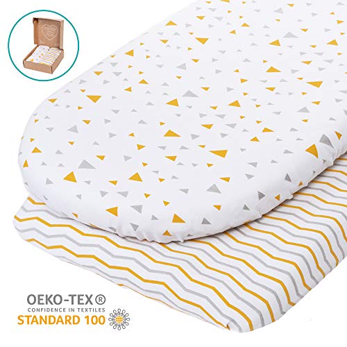 mimaDu 2x Premium Spannbettlaken 80x40, 90x40, 90x50 cm für Beistellbett, Stubenwagen, Wiegen, Kinderwagen - kuschelweich - 100% Baumwolle OEKO-Tex Jersey - oval oder eckig Babymatratze (Curry Grau)