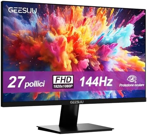 GEESUU Monitor PC 27 Pollici, Schermo Gaming 144hz, Monitores con Audio Integrato, Full HD, 1080p, 6ms, HDR, Eye-Friendly, VESA 75x75mm, 99% sRGB, HDMI 2.0 & DP 1.2