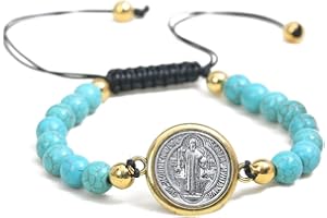 HANBOLI Bracciale vintage San Benedetto rosario regolabile con perline colori medaglia ciondolo pietra per compleanni anniversari vacanze