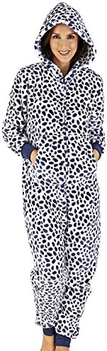 Ladies Luxury Soft Fleece Blue Dalmation Spotted Hooded Onesie Jumpsuit Pyjamas Small 10 to 12