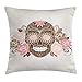 Produktbild HAVER Skull Throw Pillow Cushion Cover, Skull and Roses Dead Man in Colors Vintage Style Spooky Graphic Art Print, Decorative Square Accent Pillow Case, 18 X 18 inches, Chocolate Pink Cream