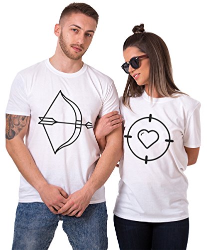 King Queen Camiseta Couple 100% Algodón Shirt Pareja Manga Corta 2 Piezas T-Shirt Impresión Flecha Corazón para Mujer Hombre Camisa Verano Casual (Blanco+Blanco,M+S)