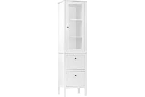 kleankin Armario Alto para Baño Mueble Columna de Baño con 1 Puerta de Cristal Estantes Ajustables y 2 Cajones Multiusos para Salón Cocina 43x35x160 cm Blanco