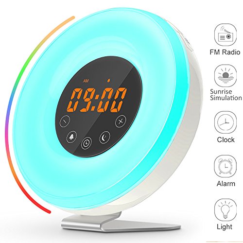 Preisvergleich Produktbild Wake Up Licht, Lichtwecker Wecker, Wuloo Sonnenaufgang Wecker leuchten, Nachtlicht Nachttischlampe mit FM Radio, Natur klingt 7 Farben / 10 Helligkeit, Sonnenuntergang & Smart Snooze Touch Control USB Ladegerät