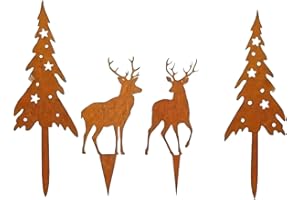 KLINNA 4er Set Gartenstecker Hirsch als REH Bäume Familie | Edle Gartendeko aus Metall Rost für den Garten, Weihnachtsdeko,Gartenstecker Rost für die Herbst Winter Saison Deko