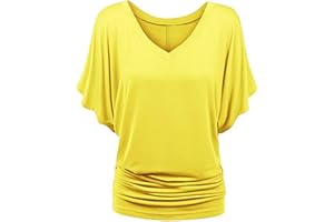 TIMEMEAN Femme Blouses Chemise à Manches Chauve-Souris Et Ourlet Replié Tunique De Couleur Unie à Manches Courtes Et Col en V De Grande Taille