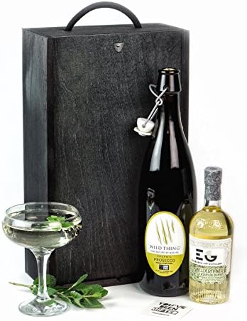 Luxury Prosecco Gift Set with Elderflower Gin Liqueur in a Pine Wood Gift Box - Prosecco Hamper for Her or Him