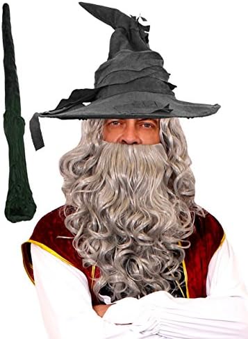 WIZARD ACCESSORIES SET FOR FANCY DRESS - GREY BEARD AND WIG, GREY WIZARD HAT AND BRANCH WAND (ADULTS - ONE SIZE FITS MOST)