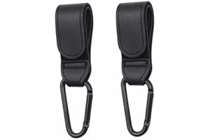 BABYZOCO Ganchos Carrito de Bebé, Ganchos Universales para Silla Paseo, Colgadores Multiusos para Cochecito Bebé, Ganchos Giratorios Silla Bebé, Soporta hasta 5 Kg, Cuero sintético, Negro, 2 unidades