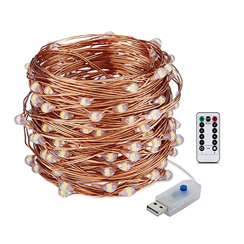comprare on line 10M 100 LEDs Stringa Luci Led Filo di Rame Catene Luminose USB Impermeabile Illuminazione con Telecomando per il partito, Natale, Vacanza, Camera da letto, Decorazione della camera, Decorazione di nozze - Bianco Caldo prezzo