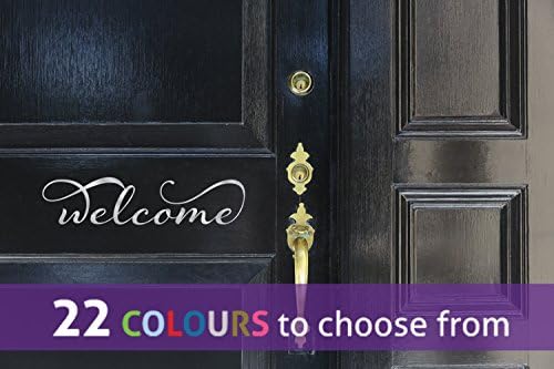 Word WELCOME sign with swirls for for your front door, wall art sticker decal, SILVER (METALLIC), 30cm x 7 cm