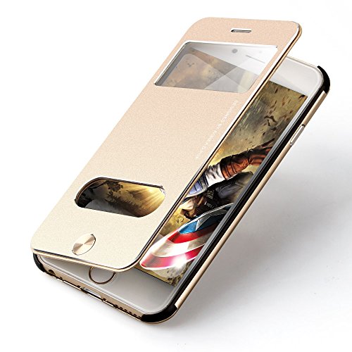 Premium Oats Apple iPhone 6s, 6 Schutzhülle mit stylischer Aluminium Vorder und Rückseite Sichtfenster Anrufe schnell Annehmen Hülle Hard Cover Flip Back Case Tasche - von OKCS® in Gold