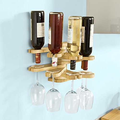examen Promotion -50% ! SoBuy® FRG89-N Porte-bouteilles Rotative murale pliante avec Porte-verres en Bambou Design, Casier à vin Etagère à vin rotatif
