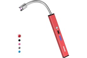 RONXS Candle Lighter Long Reach, Electric Firelighter with LED Battery Display Safety Switch, USB Rechargeable Lighter Long Flexible Neck for Camping Cooking BBQ Fireworks (Red)