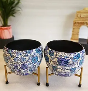 Exotic Green Floral Blue Combo Designer Pot with Stand for Indoor Plants | Beautiful Metal Planters for Living Room and Balcony | Table Top Flower Plant Pots - Floral Design I (2 Pcs Combo)