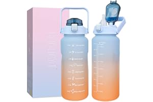 Bugucat Butelka na wodę 2 l, szczelna, sportowa butelka ze słomką i znacznikami czasu, do uprawiania sportu, jogi, fitnessu, na kemping, do aktywności na świeżym powietrzu, nie zawiera BPA