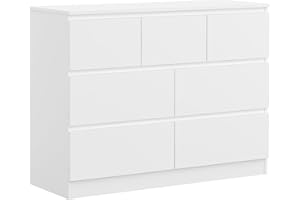 Panana 7/8 Drawers Wide Chest of Drawers, Wooden Lateral Dresser Storage Organizer Unit No Handle Sleek Design for Bedroom, Living Room, Hallway, Entryway (White, 7 Drawers)