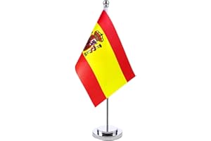 HPMAISON Bandera de mesa de España Bandera de escritorio de España 21 x 14 cm Mástil y base de acero Banderas de escritorio para salas de reuniones