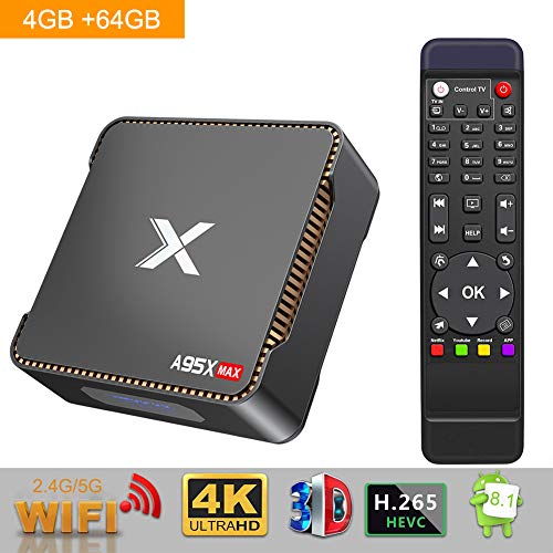 Android 8.1 TV Box, A95X MAX 4GB RAM 64GB ROM Amlogic S905X2 Quad Core Cortex-A53 4K HD 2.4GHz / 5GHz WiFi USB 3.0 HDMI 2.1 Bluetooth 4.2 Smart TV Box con función de grabación